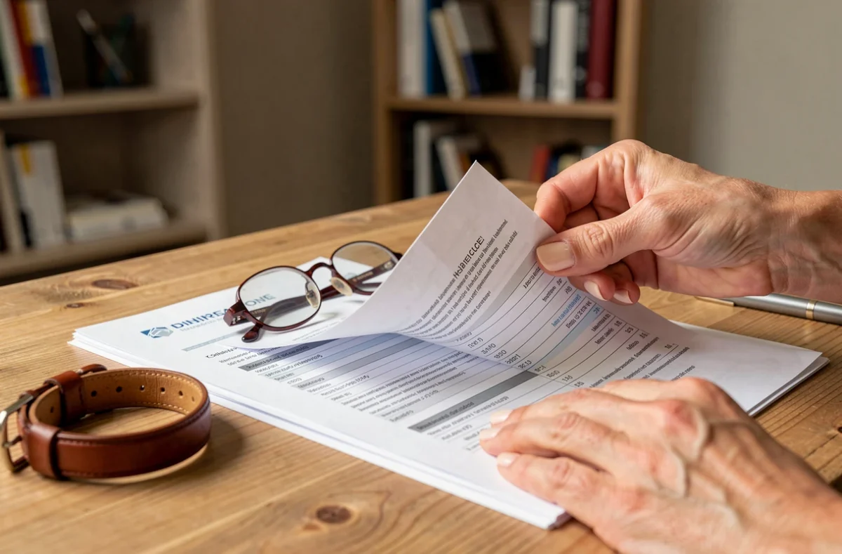 Document de contrat d'assurance chien ouvert sur un bureau avec un collier de chien et des lunettes