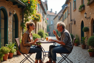 Couple americain buvant un cafe sur une terrasse en France