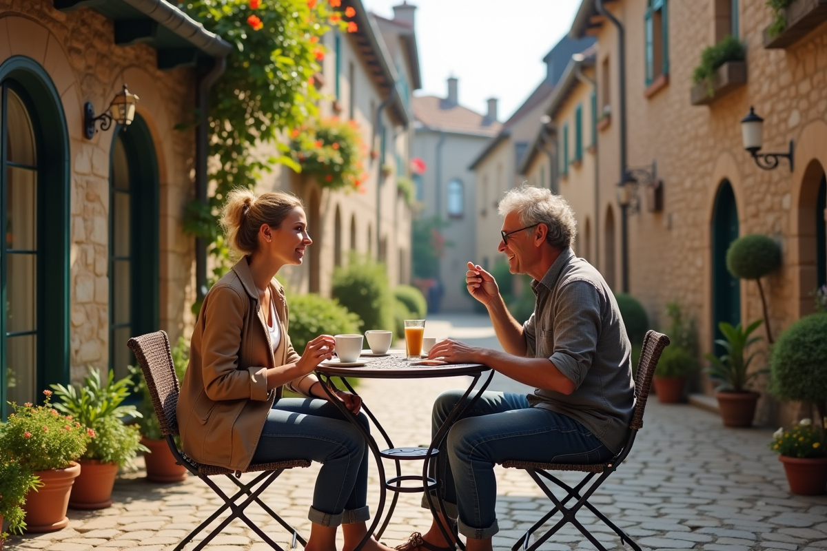 Couple americain buvant un cafe sur une terrasse en France