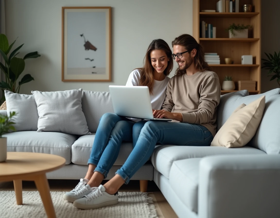 Couple consultant les astuces et fonctionnalités du virement instantané Caisse d'Épargne sur ordinateur portable