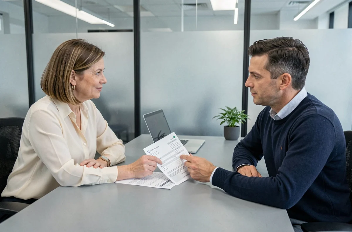 Couple discutant d'assurance emprunteur avec un conseiller bancaire