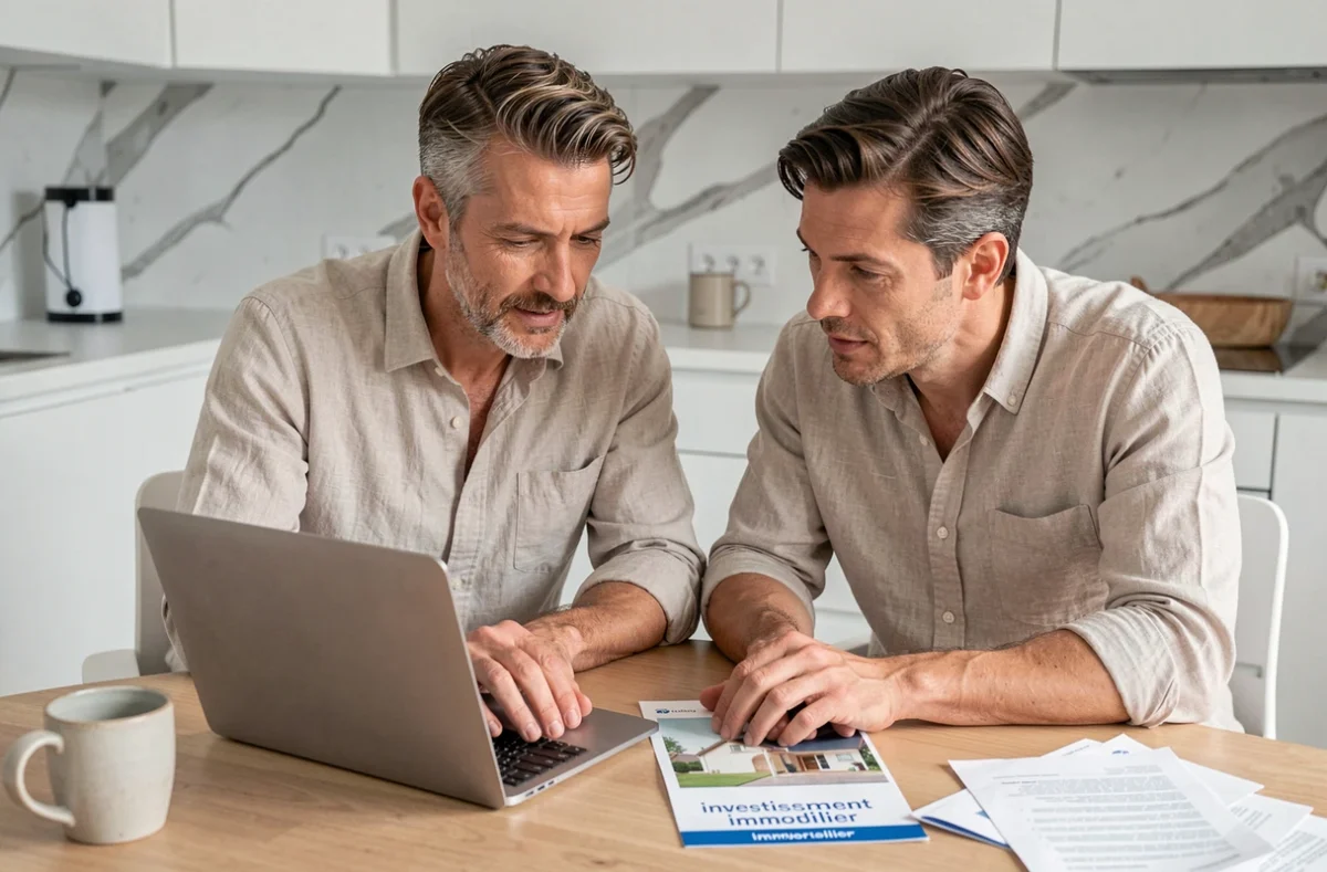 Couple discutant d'un investissement en SCPI autour d'un ordinateur portable et de brochures financières dans une cuisine moderne