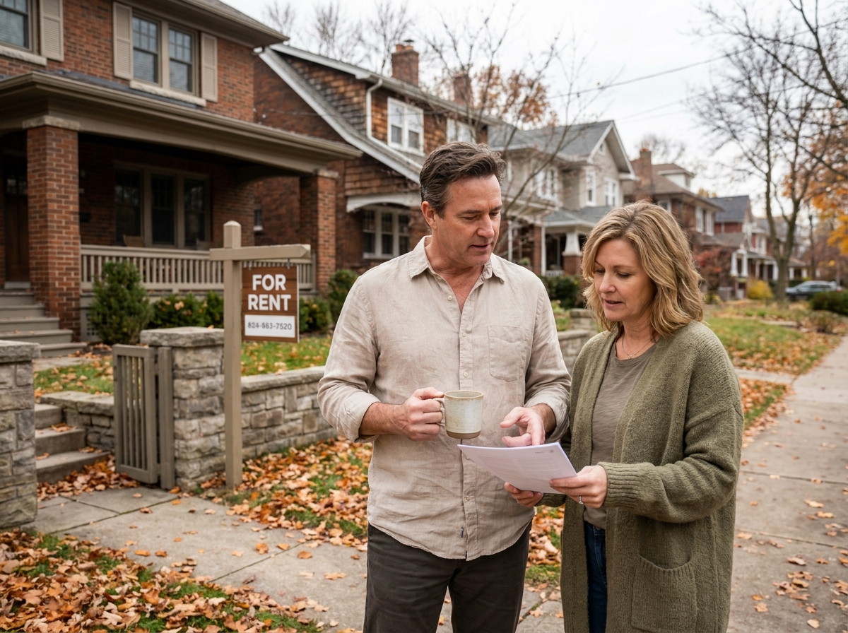 Couple évaluant un bien immobilier locatif en automne pour diversifier leur patrimoine après l'achat de leur résidence principale