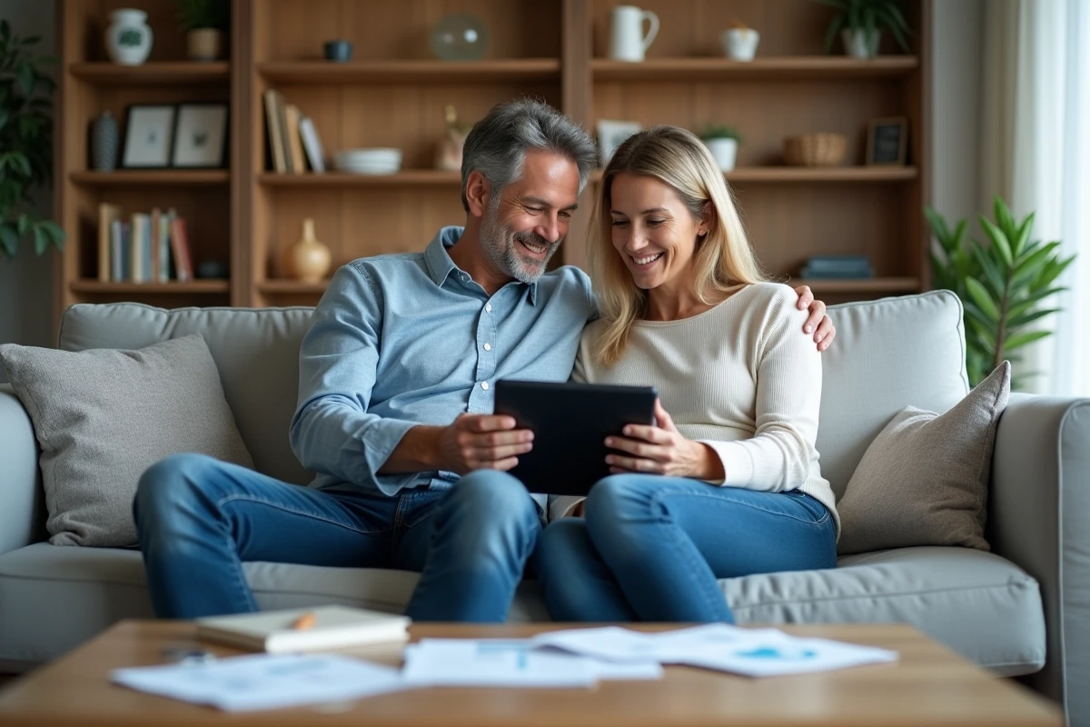 Couple consultant leur compte bancaire LCL ensemble sur une tablette dans leur salon moderne