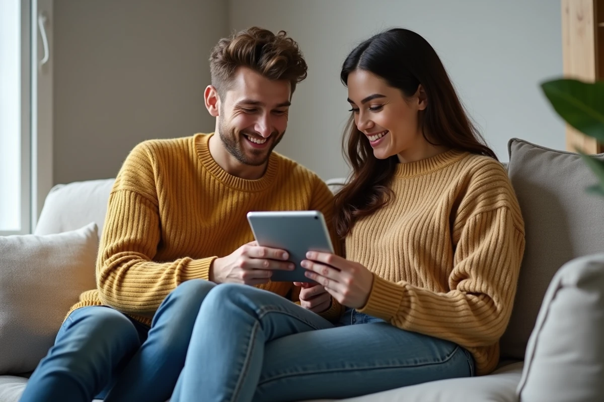 Couple vérifiant ensemble leur compte en ligne Société Générale sur une tablette dans un salon contemporain
