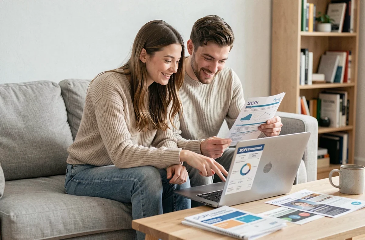 Jeune couple consultant un simulateur d'investissement SCPI depuis leur domicile