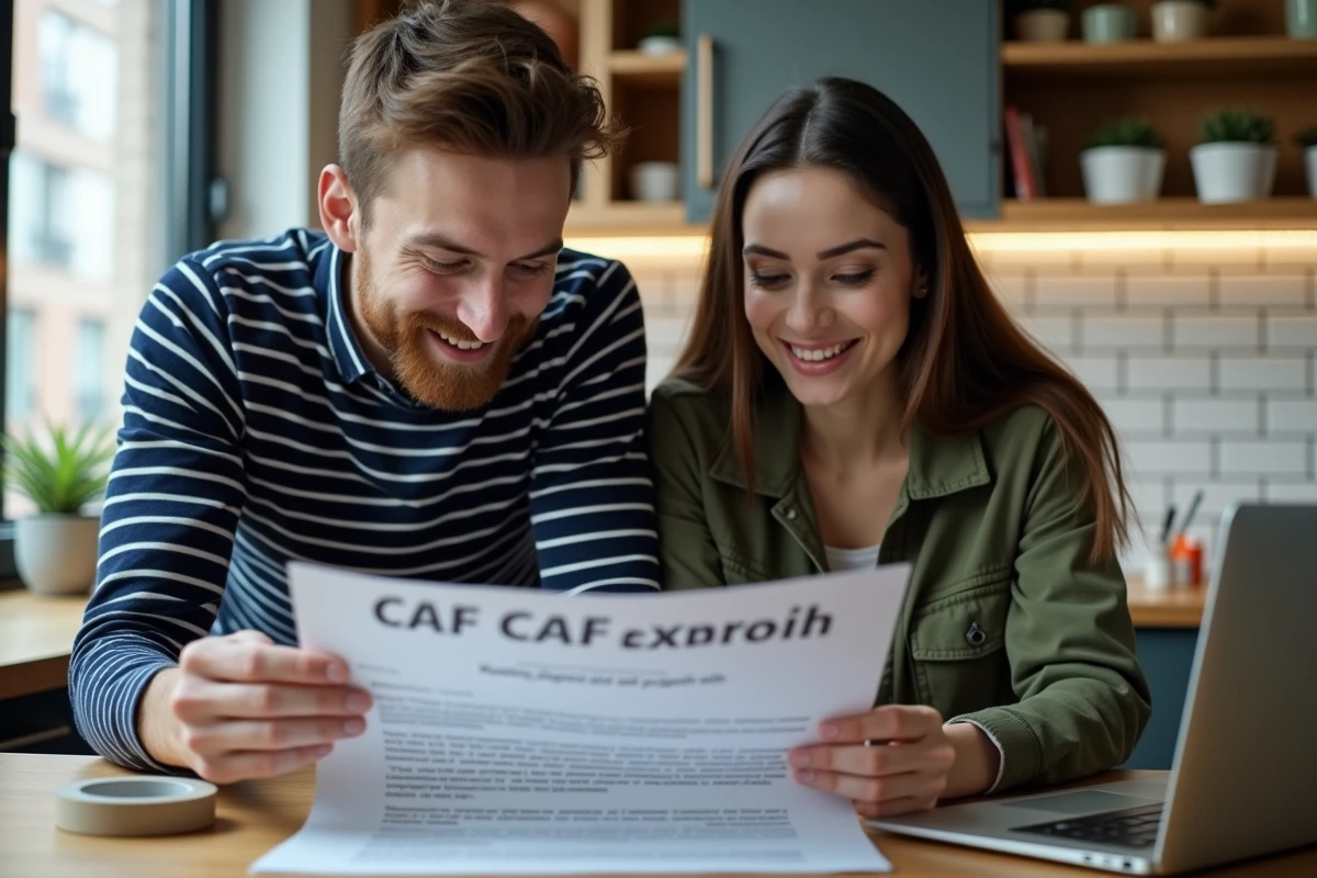 Couple examinant une lettre CAF et un portail en ligne pour leurs APL lors de leur emménagement