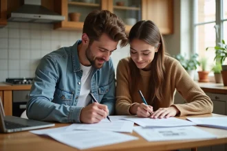 Jeune couple remplissant des papiers de location dans une cuisine lumineuse