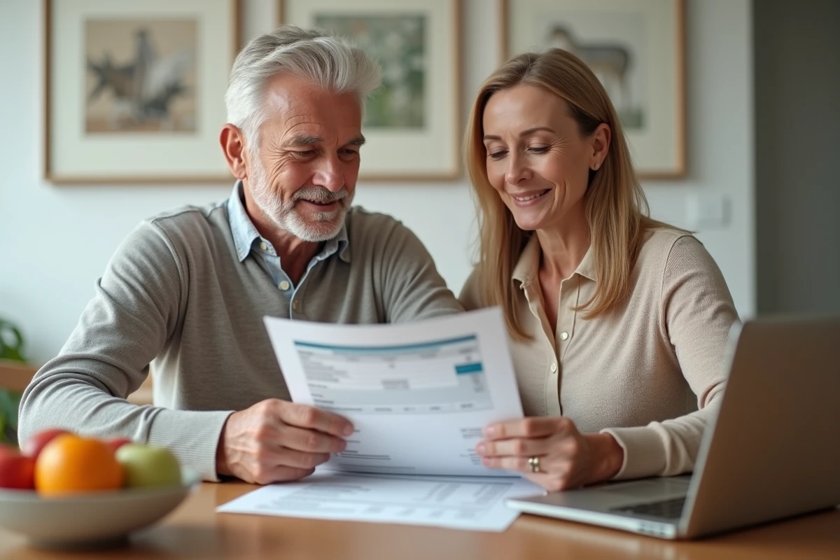 Couple examinant un relevé bancaire et l'espace perso LCL en ligne pour comprendre les délais et limites de virement