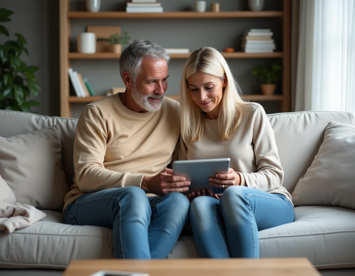 Couple détendu consultant une tablette dans un salon scandinave épuré, représentant la planification financière sereine et la gestion commune du budget mensuel
