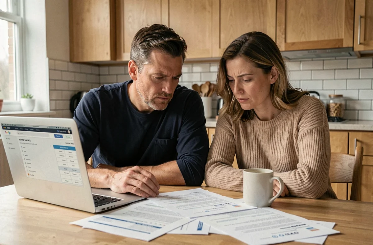 Couple étudiant leur capacité d'emprunt immobilier à domicile avec des documents de simulation de prêt