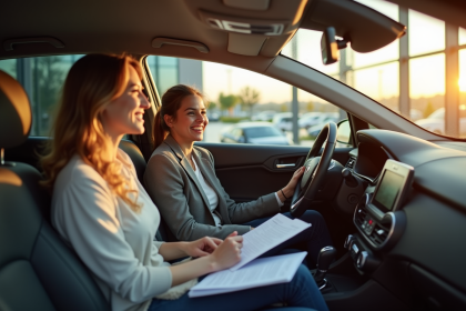 Couple heureux dans une voiture neuve au salon automobile