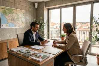 Un courtier immobilier professionnel conseille un couple dans un bureau moderne des Bouches-du-Rhône
