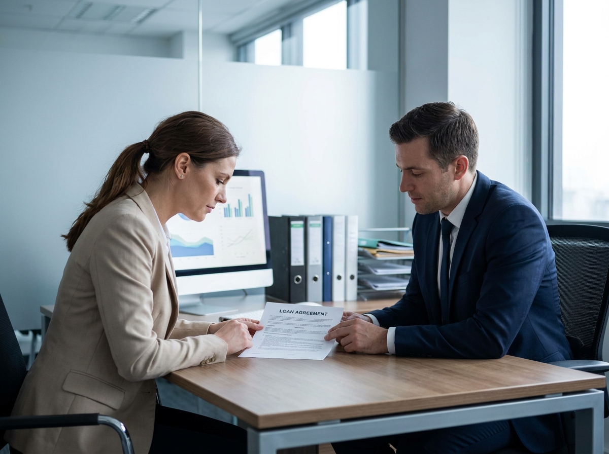 Une femme signe un contrat de crédit automobile avec un conseiller bancaire