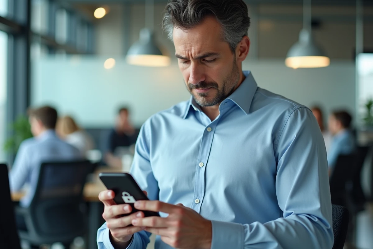 Homme en bureau tenant un smartphone affichant un compte bloqué, démarches pour débloquer un compte crcafc