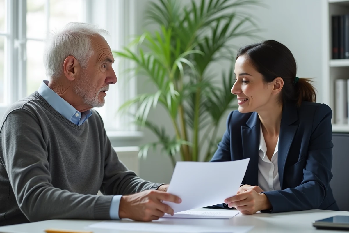 Homme âgé discutant avec une professionnelle au bureau