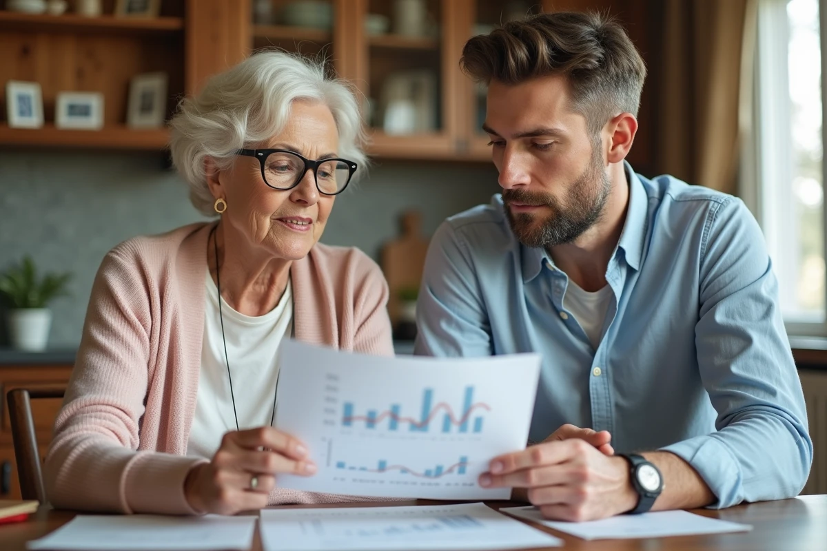 Senior femme et conseiller expliquant un graphique à la maison