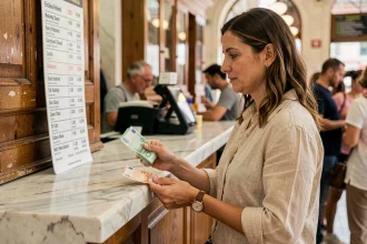 Femme échangeant des billets en euros dans un bureau de change à Athènes, Grèce