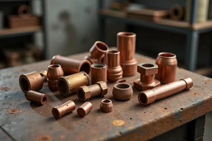 Échantillons de laiton et cuivre côte à côte sur un établi d'atelier industriel, comparaison des métaux par texture et couleur