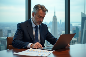 Economiste en costume analysant des graphiques financiers