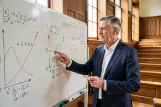 Économiste devant un tableau comparant les théories keynésienne et monétariste dans un amphithéâtre universitaire