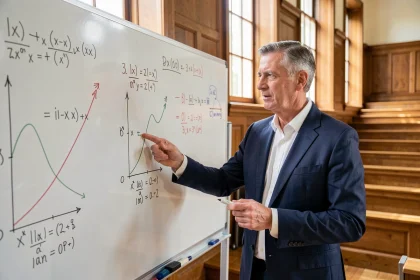 Économiste devant un tableau comparant les théories keynésienne et monétariste dans un amphithéâtre universitaire