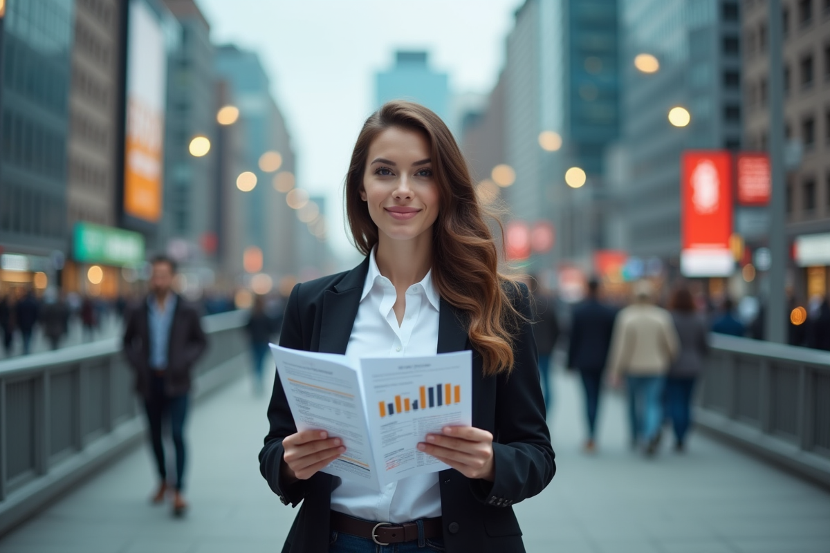 Jeune economiste avec rapports bitcoin sur pont urbain animé
