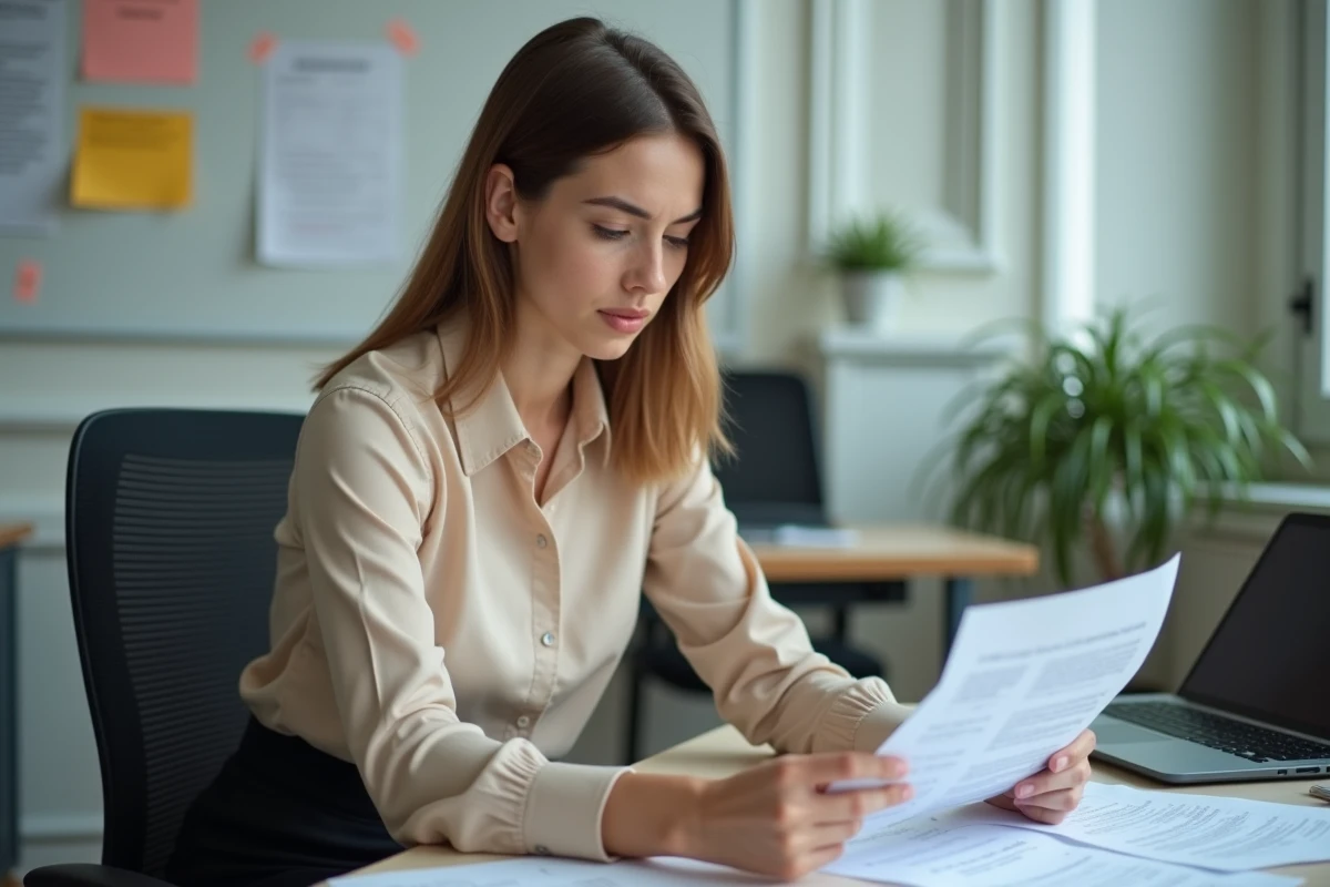Jeune femme enseignant analysant documents au bureau