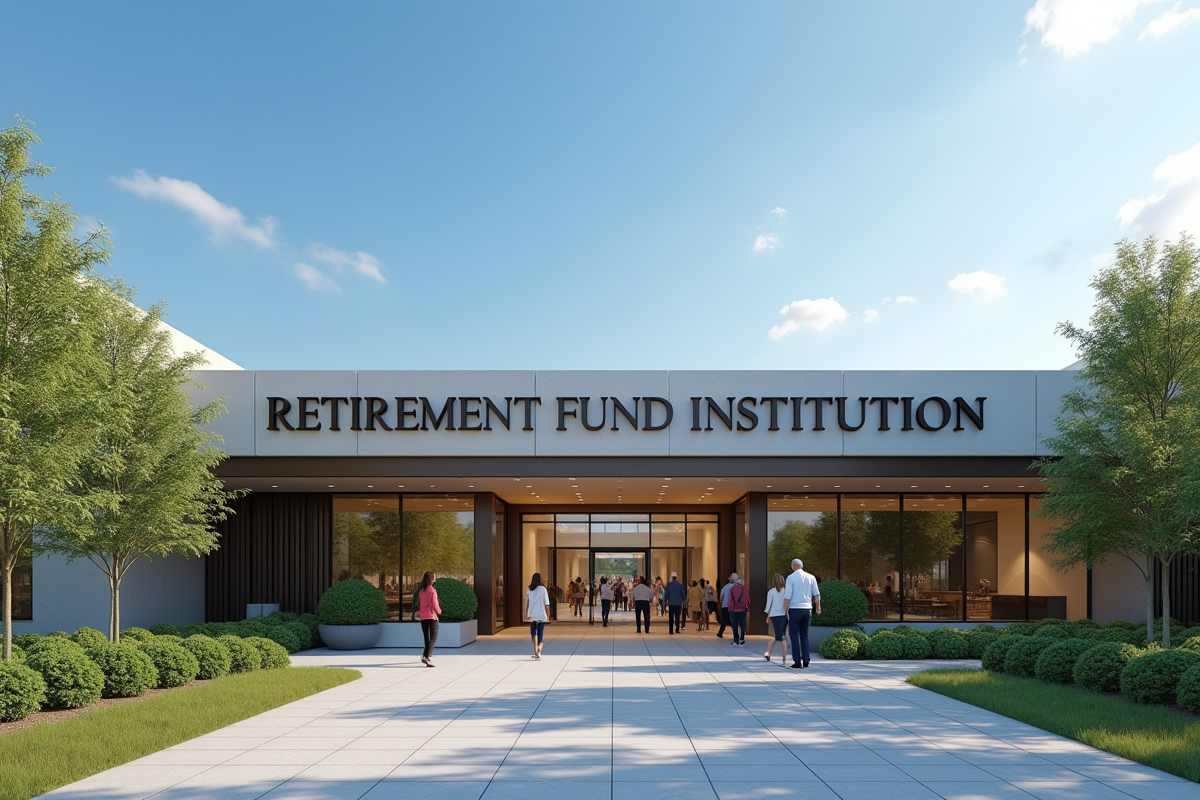 Façade moderne d une institution de retraite avec des gens à l entrée