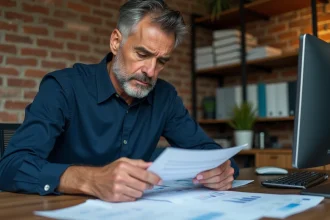 Entrepreneur examinant des relevés bancaires professionnels sur un bureau en bois avec des documents financiers éparpillés, exprimant une inquiétude face aux erreurs de gestion de compte