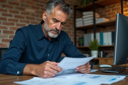 Entrepreneur examinant des relevés bancaires professionnels sur un bureau en bois avec des documents financiers éparpillés, exprimant une inquiétude face aux erreurs de gestion de compte