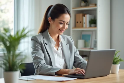 Femme professionnelle connectée à son espace particulier Société Générale sur un ordinateur portable dans un bureau à domicile moderne