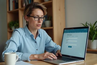 Femme consultant son espace personnel LCL en ligne sur un ordinateur portable pour effectuer un virement bancaire sécurisé