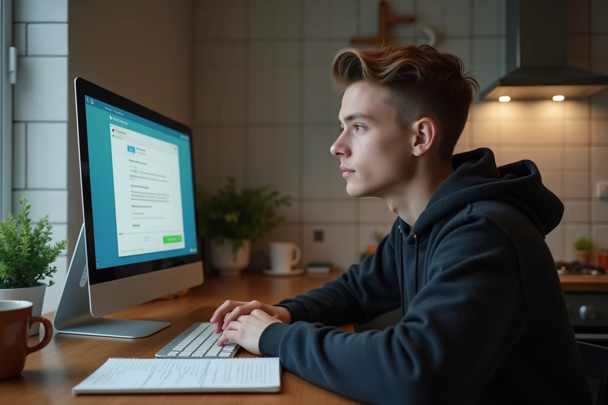 Jeune adulte suivant les étapes pour débloquer un compte crcafc, notes manuscrites et support client en ligne