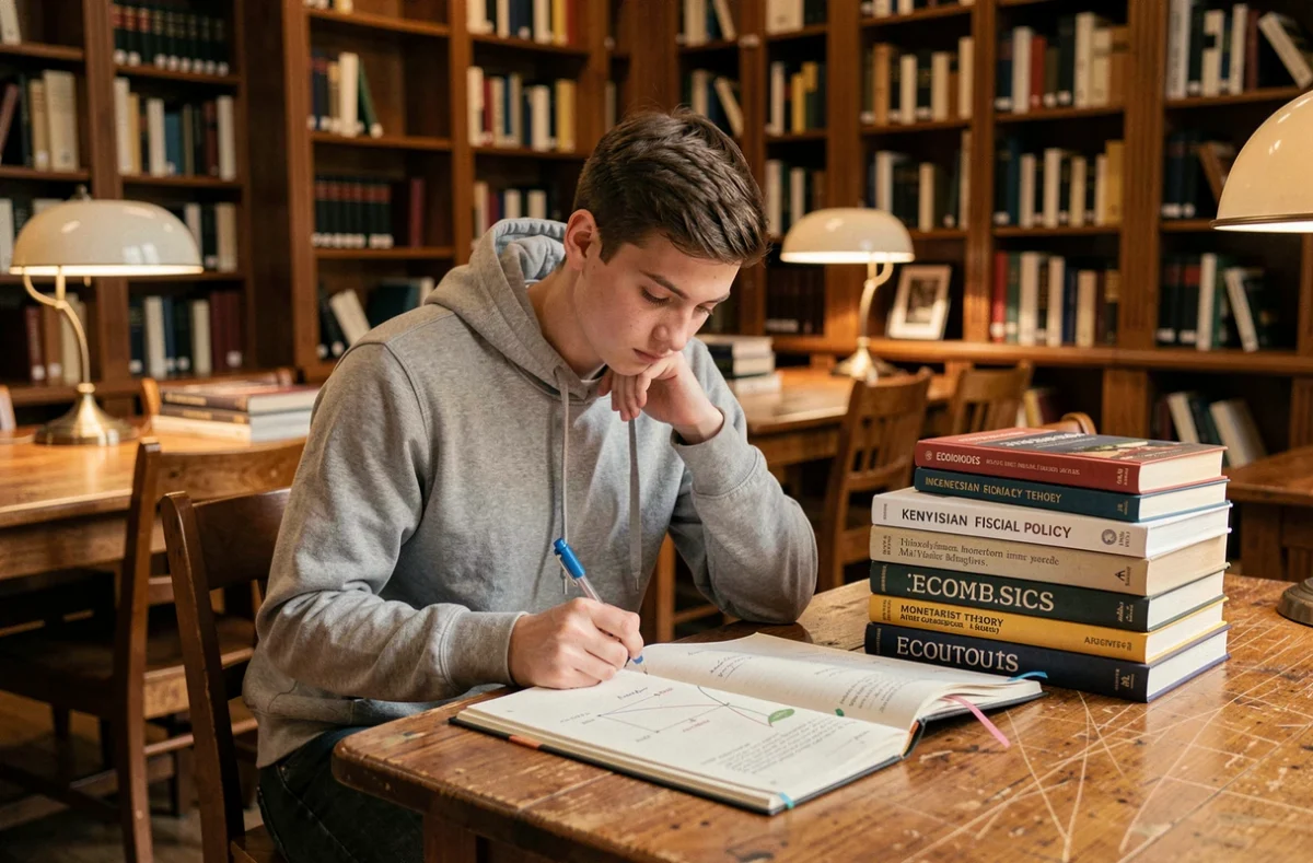 Étudiant en économie comparant les théories keynésienne et monétariste dans une bibliothèque universitaire