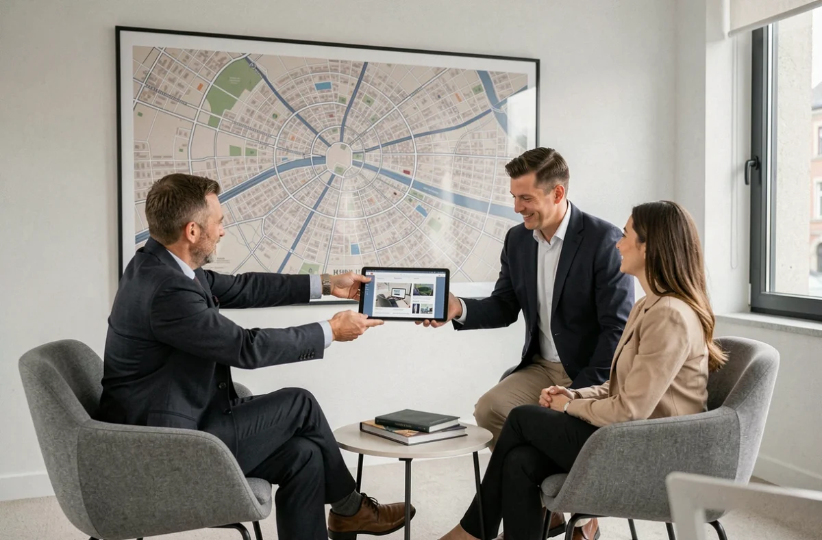 Courtier Exalliance à l'agence Strasbourg Neudorf Étoile présentant une offre sur tablette à des clients