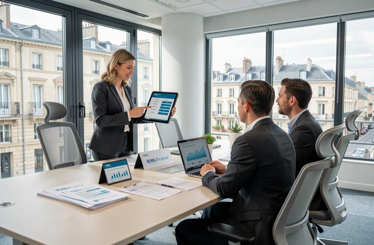 Une conseillère Exel Finance présente une comparaison de crédits immobiliers à des clients