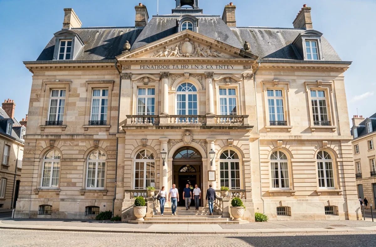 Façade d'une mairie française avec des agents qui entrent travailler