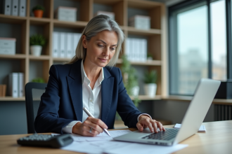 Femme d'affaires en réunion analyse des rapports financiers