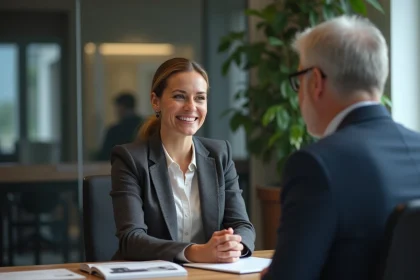 Femme d'affaires en discussion avec un client dans un bureau moderne