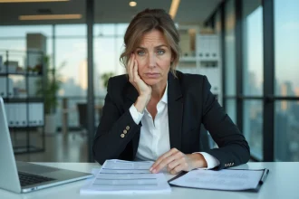 Femme d'affaires préoccupée vérifiant ses formulaires fiscaux