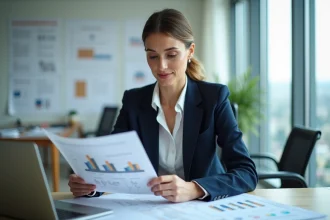 Femme d'affaires en bureau examinant plans et graphiques