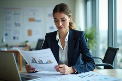 Femme d'affaires en bureau examinant plans et graphiques