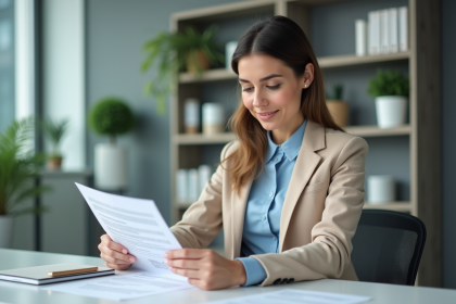 Femme d'affaires en blazer beige lisant un contrat dans un bureau lumineux