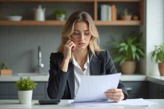 Jeune femme d'affaires en intérieur lisant des documents