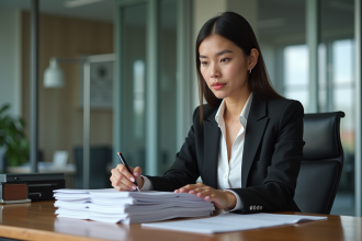 Jeune femme d'affaires examine des documents de prêt