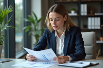 Femme d'affaires en costume bleu examinant des rapports financiers