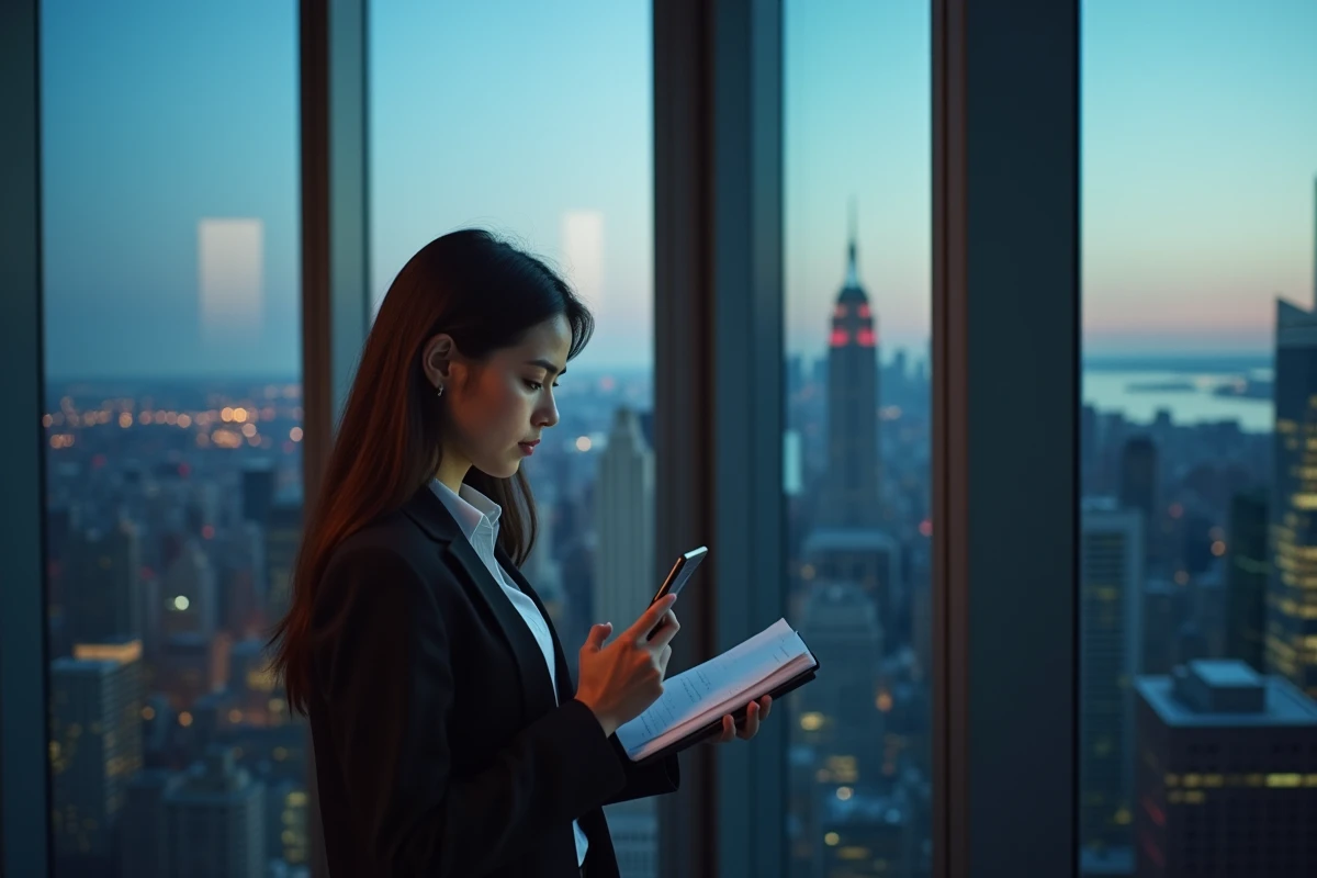 Jeune femme regardant son smartphone dans un bureau avec vue sur Manhattan