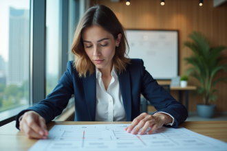 Femme professionnelle analysant une matrice BCG au bureau