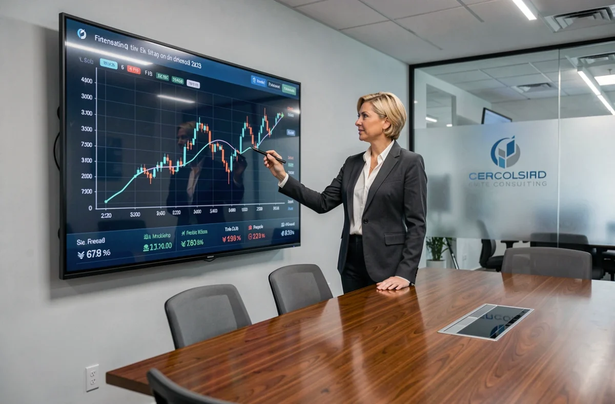 Femme professionnelle en costume présentant des graphiques de tendances boursières en temps réel sur un grand écran interactif en salle de réunion